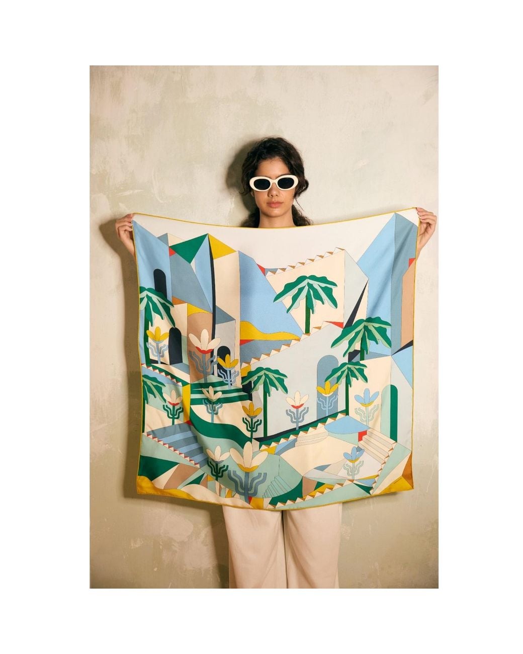 Jessie Zhao New York Blue Double Sided Silk Scarf Of Tropical Breeze