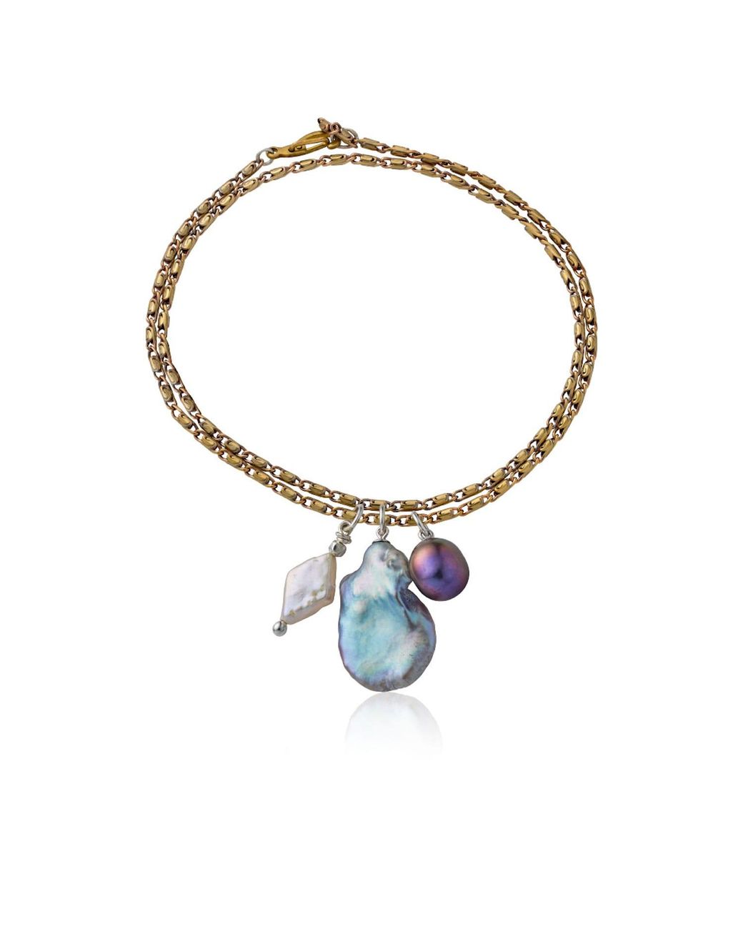 Cartography Metallic Confluence: Trio Of Pearls On Vintage Brass Chain