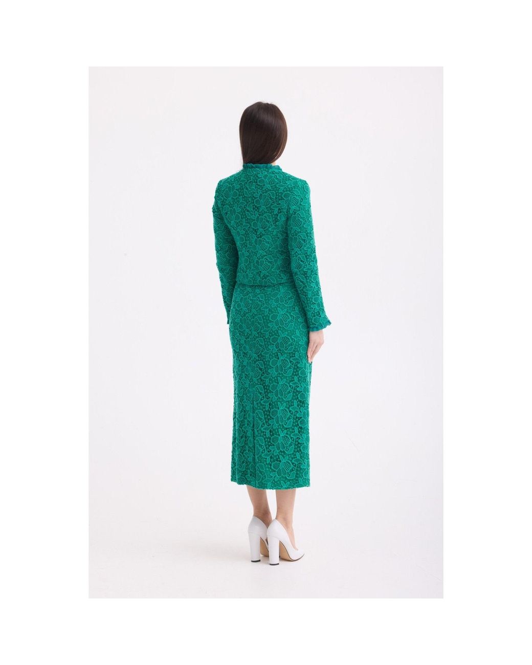Georgette Green Emerald Lace Cropped Jacket & Midi Skirt Set