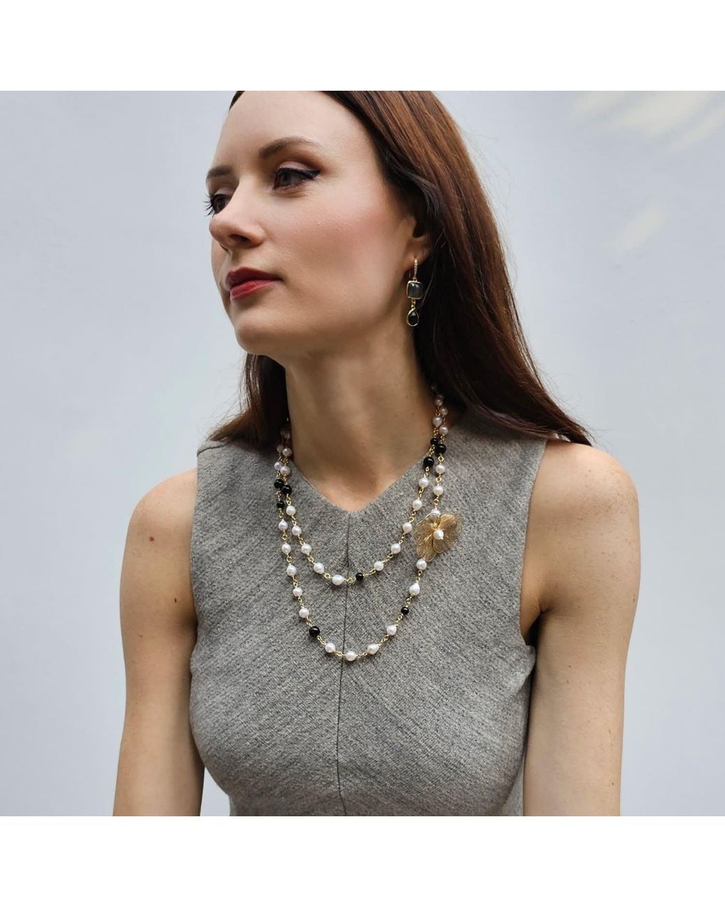 Farra White Freshwater Pearls And Obsidian With Flower Charm Long Necklace