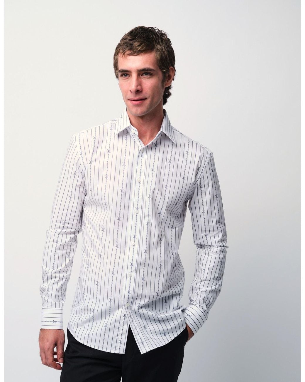 Gresham Blake White Barbed Wire Stripe Shirt for men