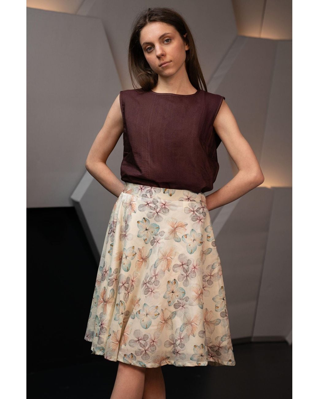 Stovaria Natural Cotton Silk Floral Knee Length A Line Skirt