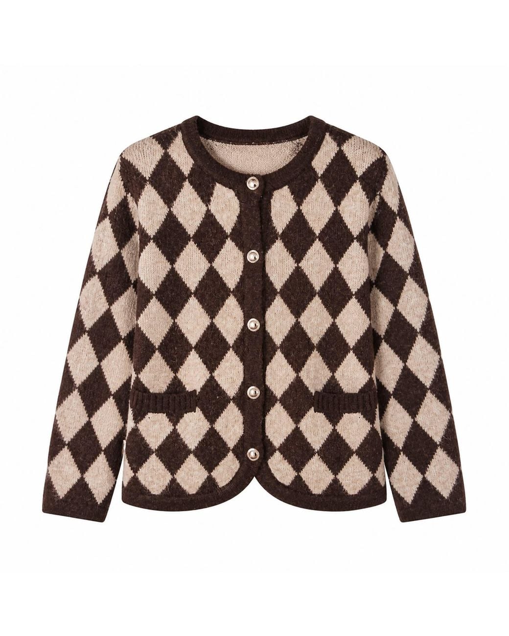 Yumi' Brown Argyll Knit Cardigan