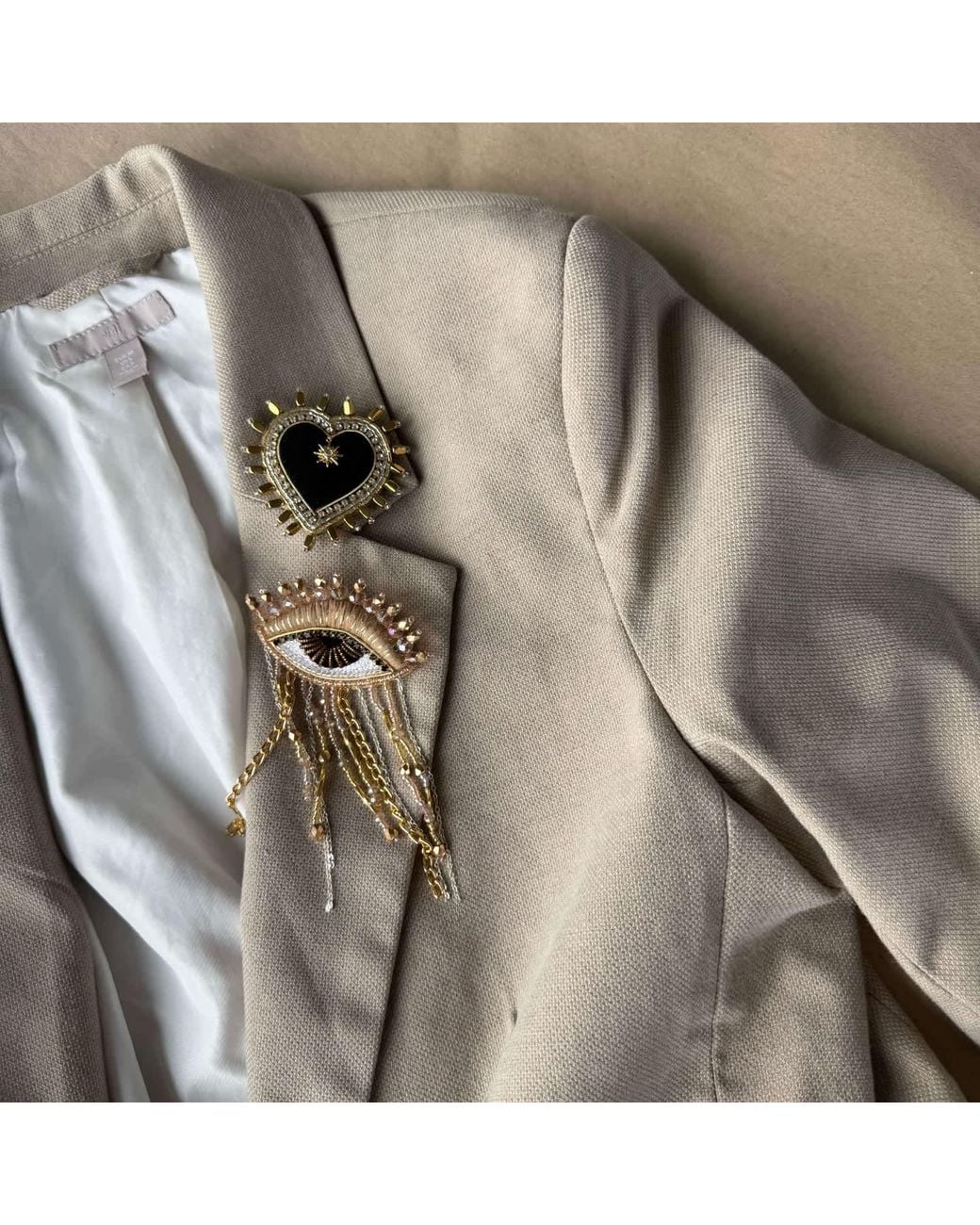 VETKA Natural Neutrals Talisman Eye Brooch With Fringe- Golden Gaze