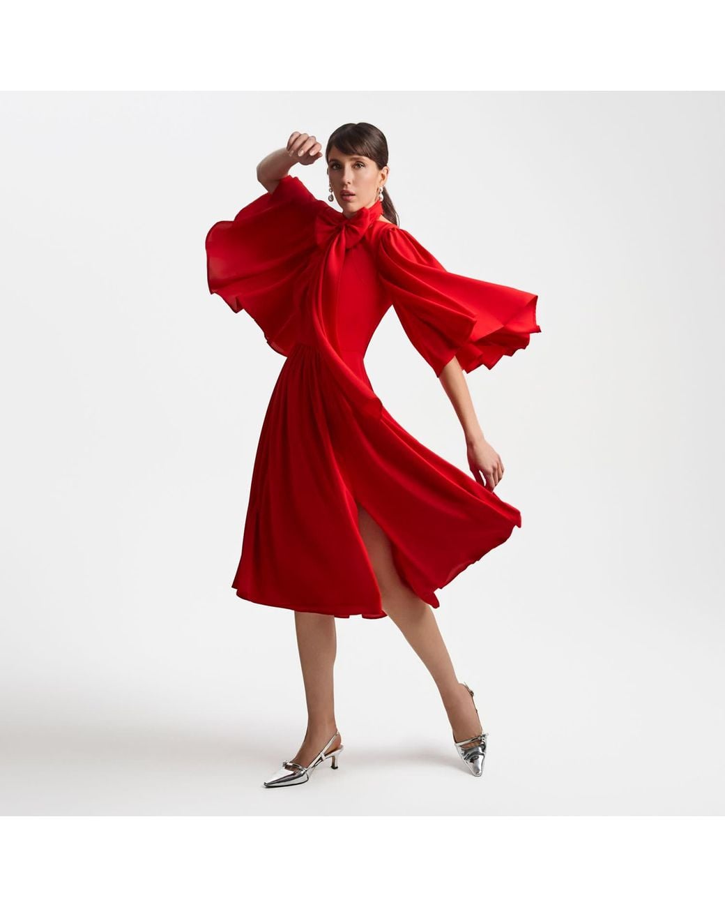 Femponiq Red Bow Tie Neck Pleated Midi Dress