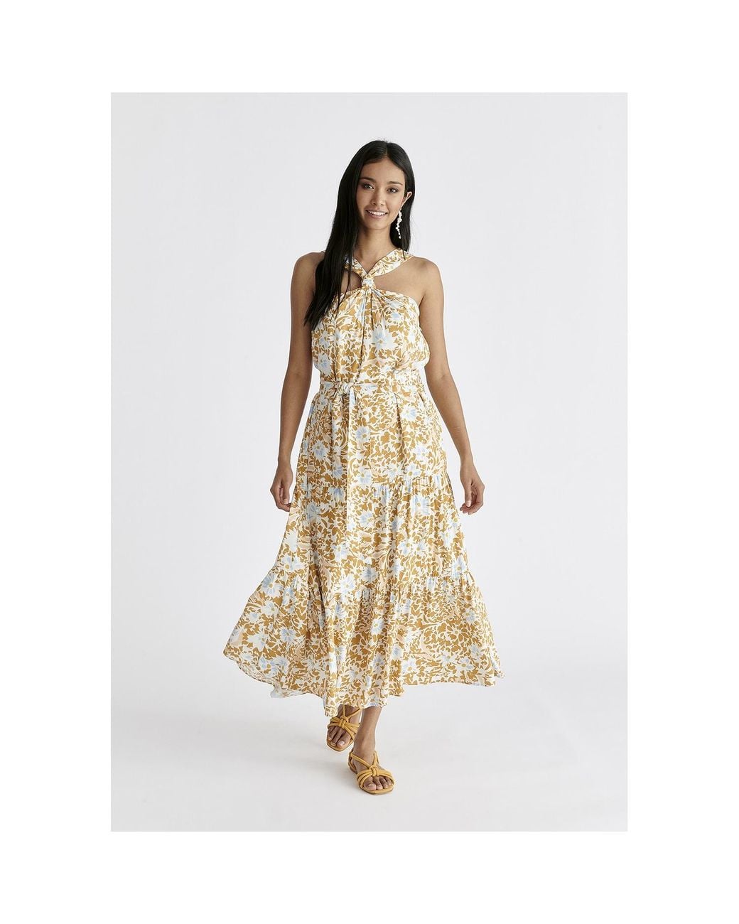 Paisie Metallic Tiered Halterneck Maxi Dress