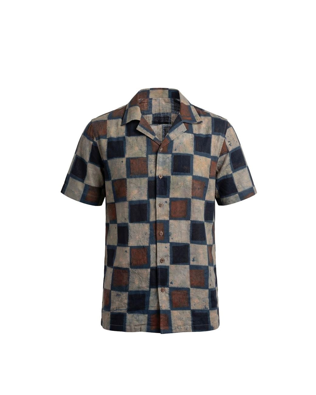 Stovaria Black Camp Collar Half Sleeve Organic Cotton Shirt With Natural Dye Handblock Squares for men
