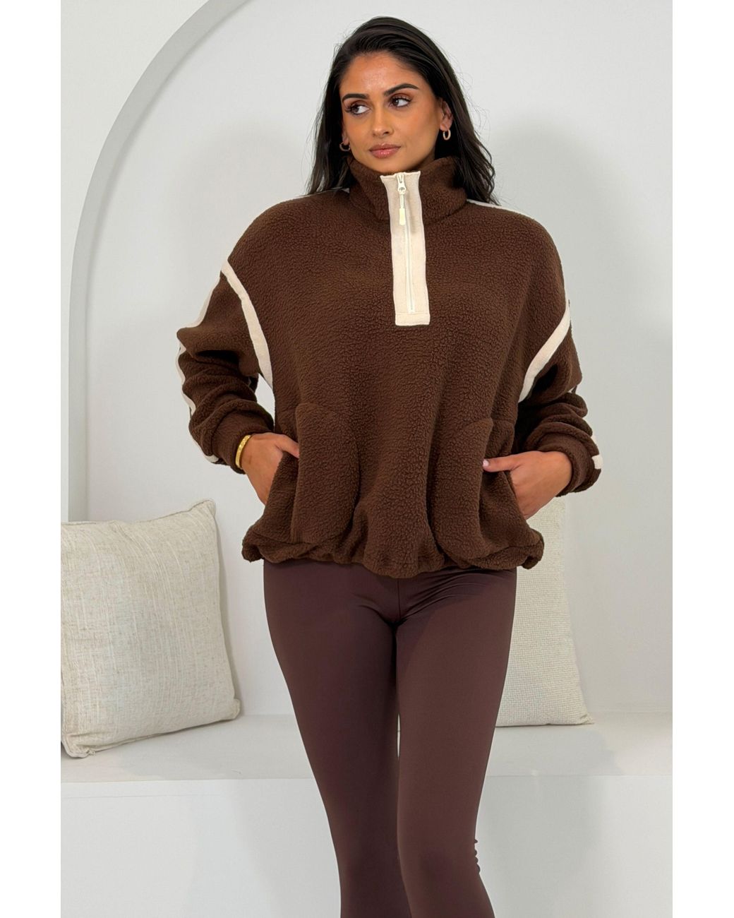 Girl In Mind Brown Lilo Contrast Binding Zip Pocket Detail Fleece Chocolate