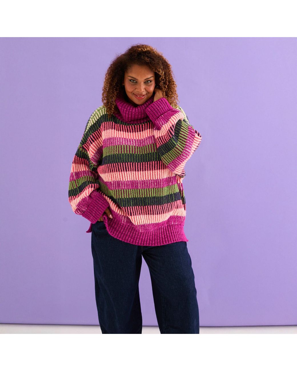 Cara & The Sky Purple Tasha Oversized Balloon Sleeve Stripe Roll Neck Jumper