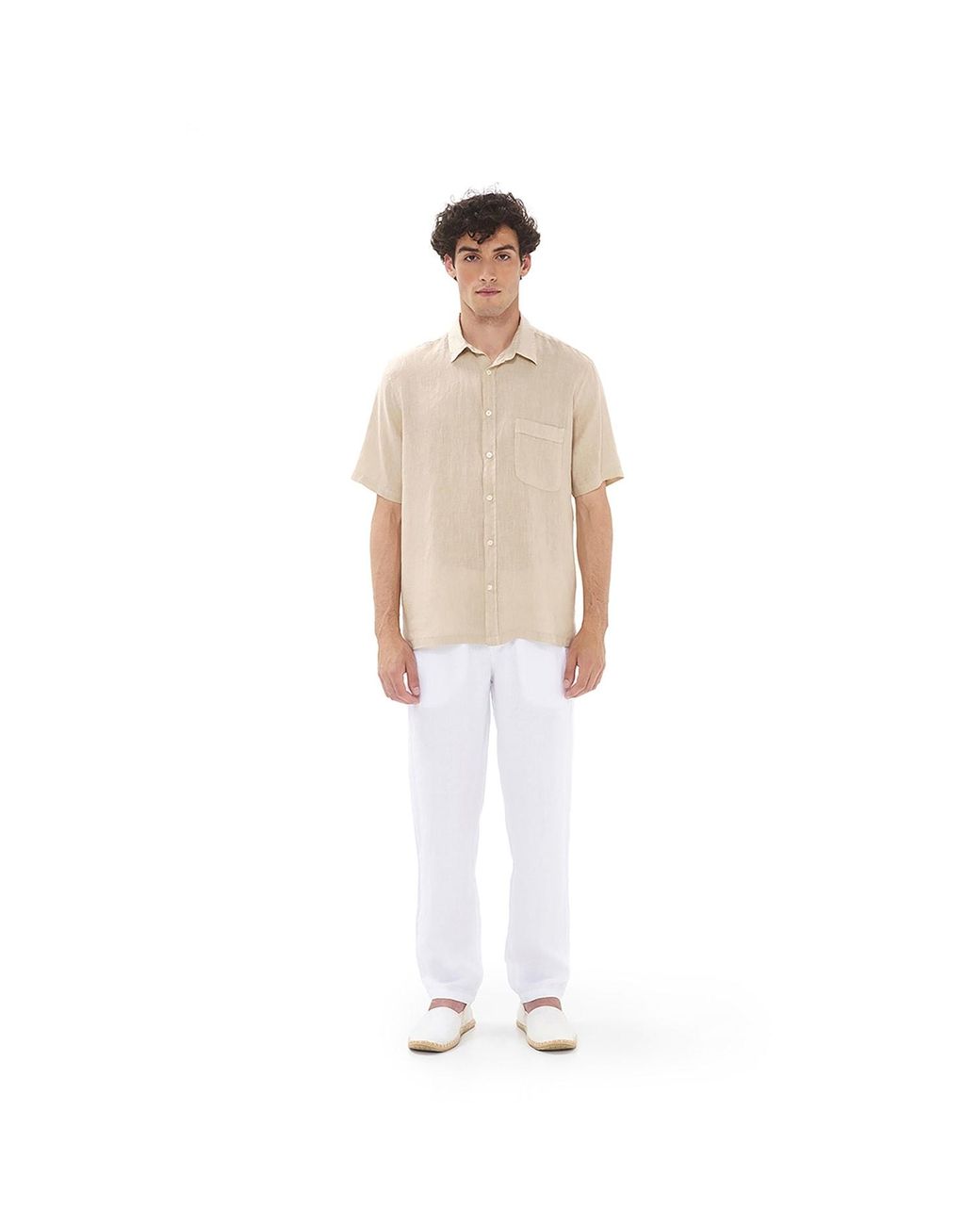 Haris Cotton Natural Neutrals Short Sleeved Front Pocket Linen Shirt-Beach Sand for men