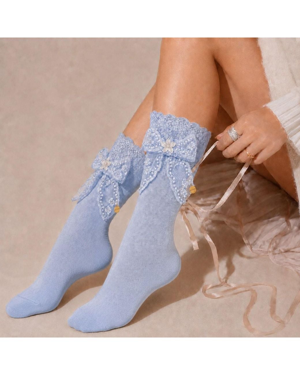 ADIBA Blue Belle Rosette Lace Bow Socks