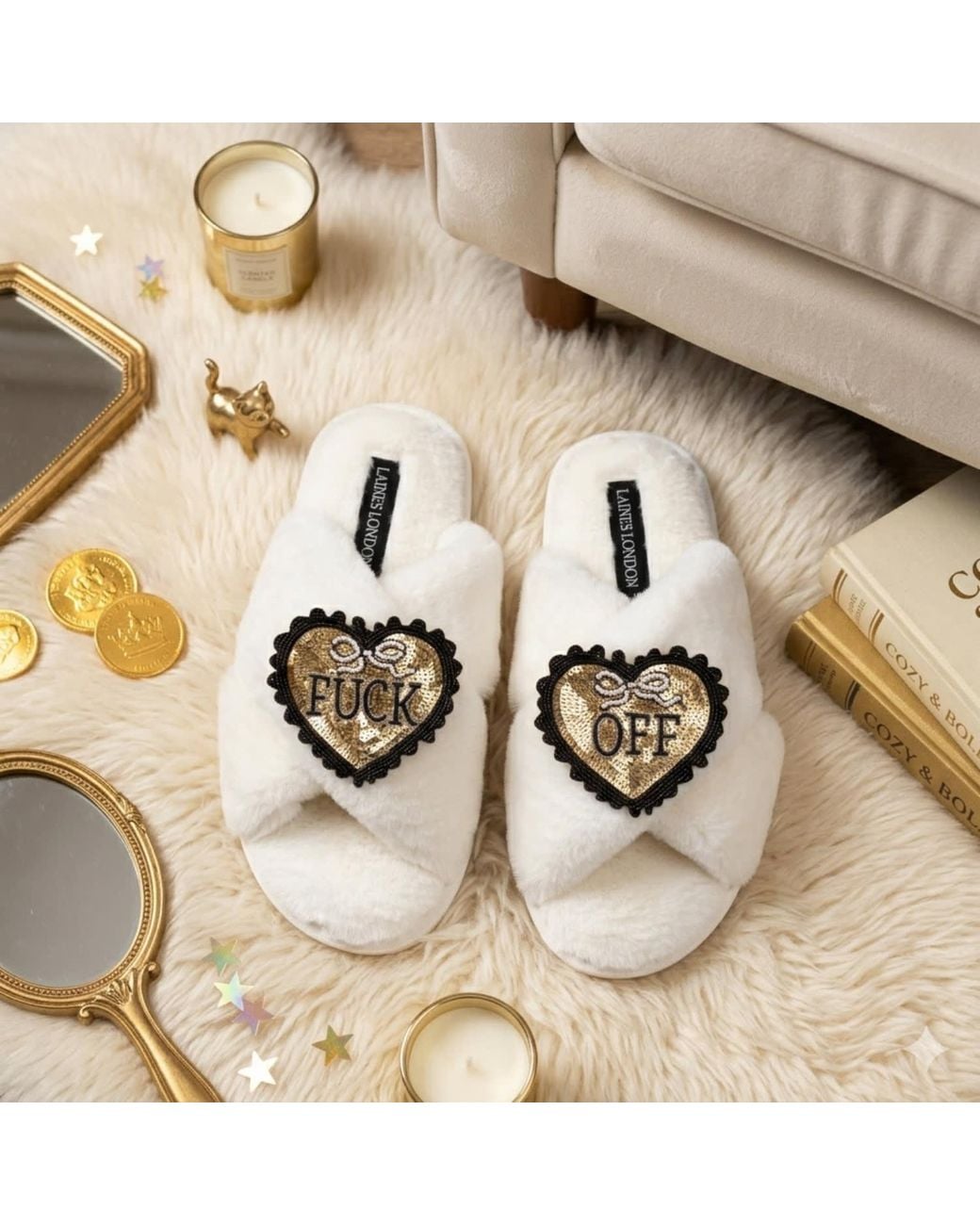 Laines London White Neutrals Classic Laines Slippers With & Fuck Off Brooches