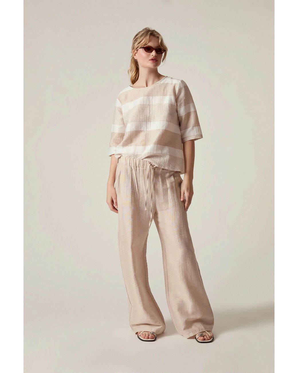 James Lakeland White Neutrals Striped Linen Blend Button-Back Top
