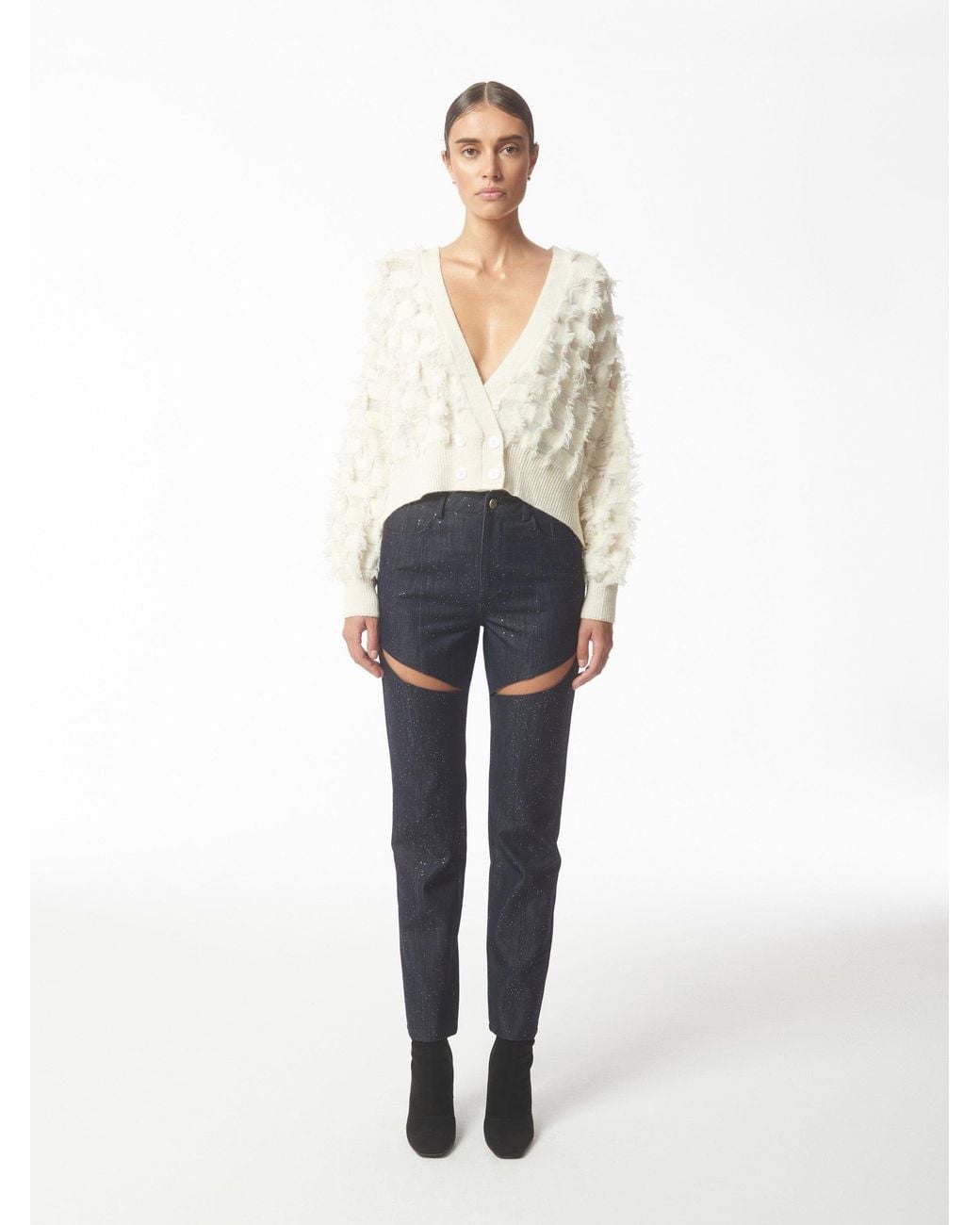Sour Figs White Fringed Checkerboard Cardigan