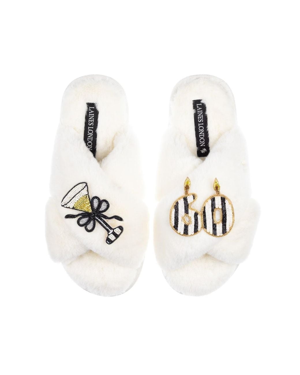 Laines London White Classic Laines Slippers With Stripe 60Th Birthday & Glass Of Champagne Brooches