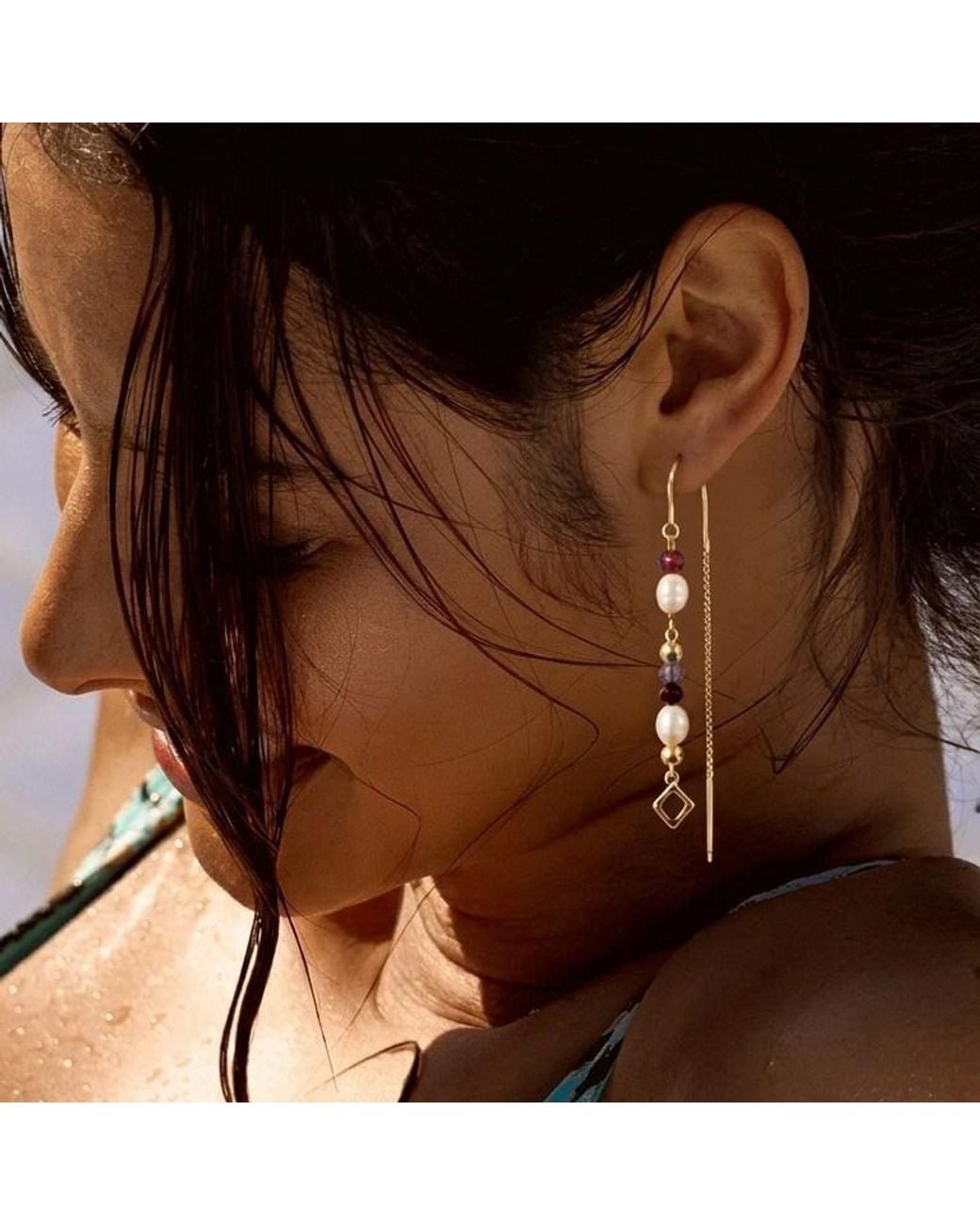 With Love Darling White Community Pearl Chain Earring Amethyst