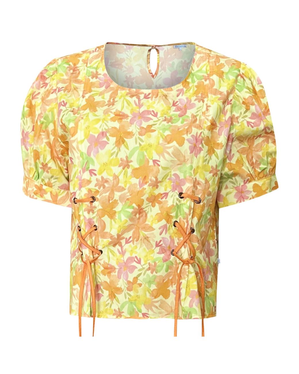 Perlavera Yellow Daniel Cotton Peach Strings Printed Puff Sleeve Shirt With Eyelets