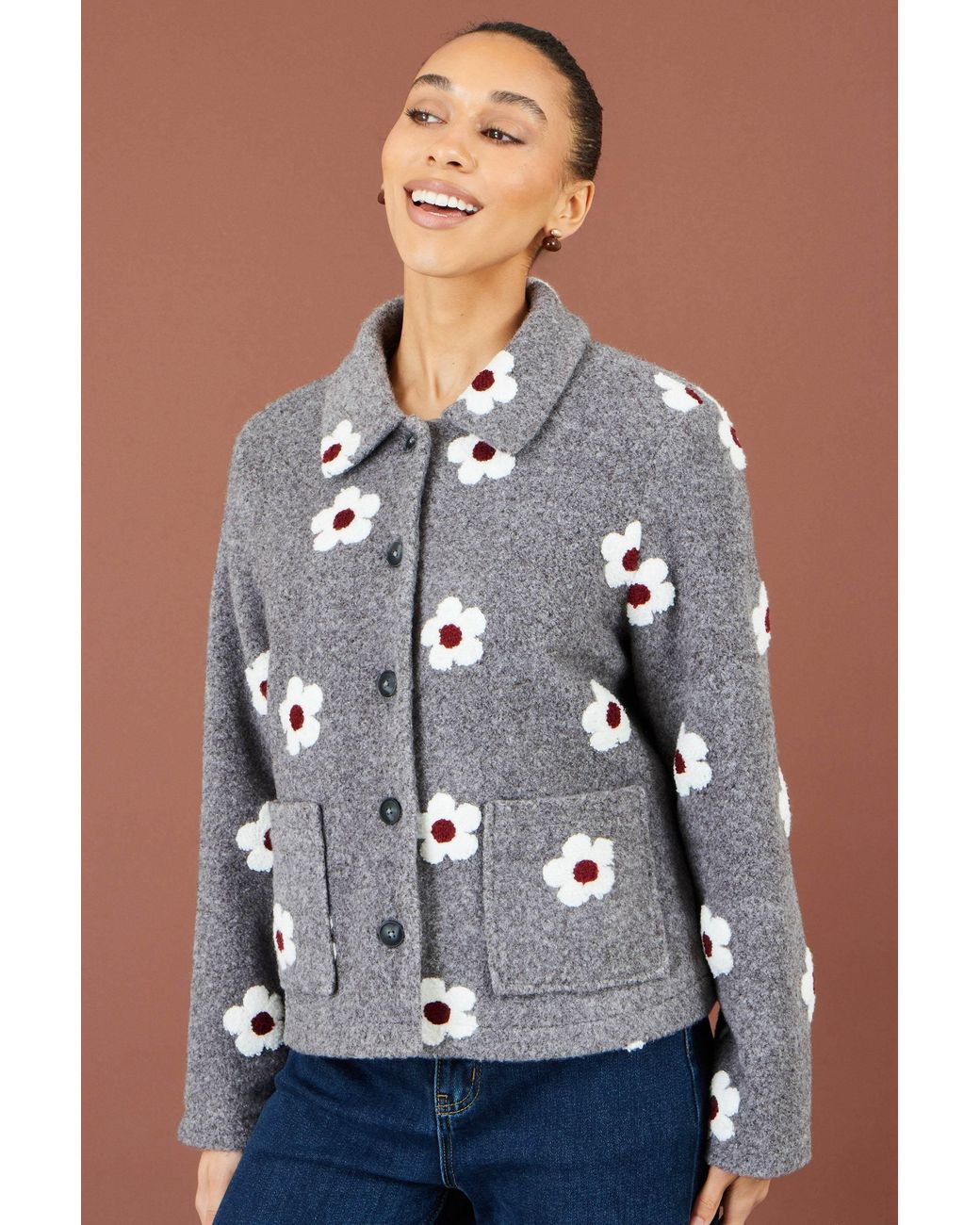 Yumi' Gray Embroidered Daisy Fleece Jacket
