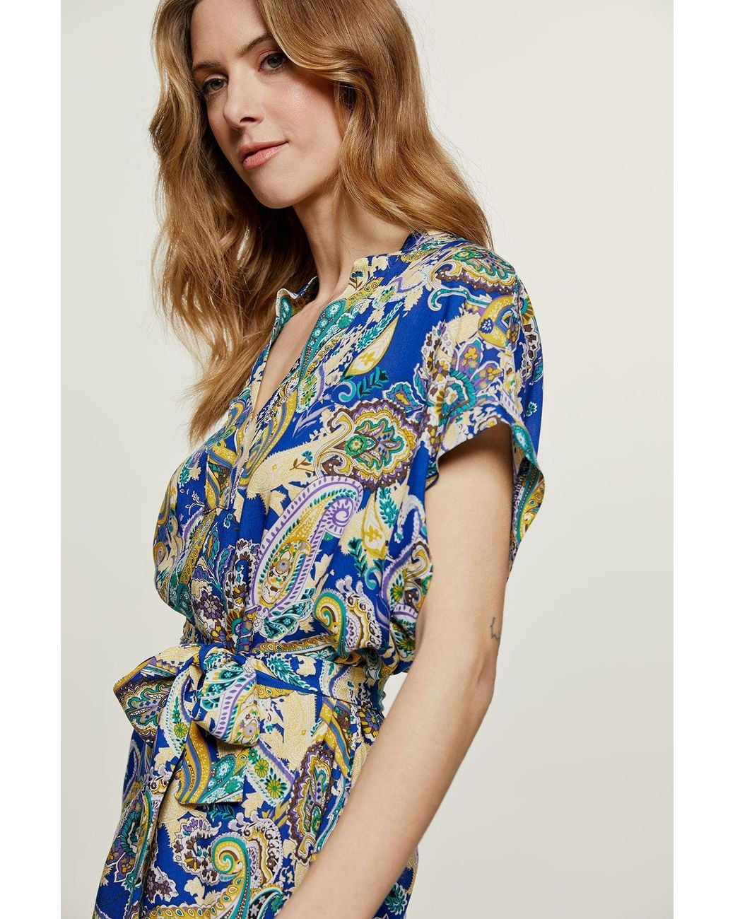 Conquista Blue Paisley Print Dress With Slits