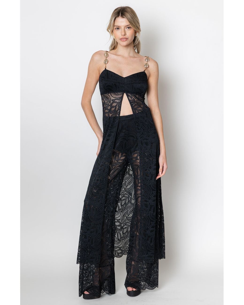 Zetaye Black Lyric Lace Long Line Chain Top