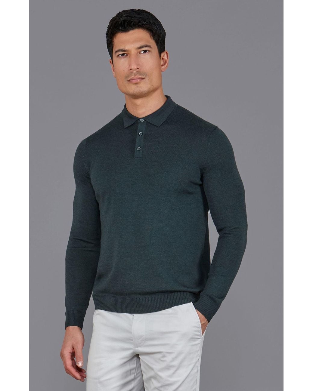 Paul James Knitwear Green Extra Fine Merino Wool Turner Long Sleeve Polo Shirt for men