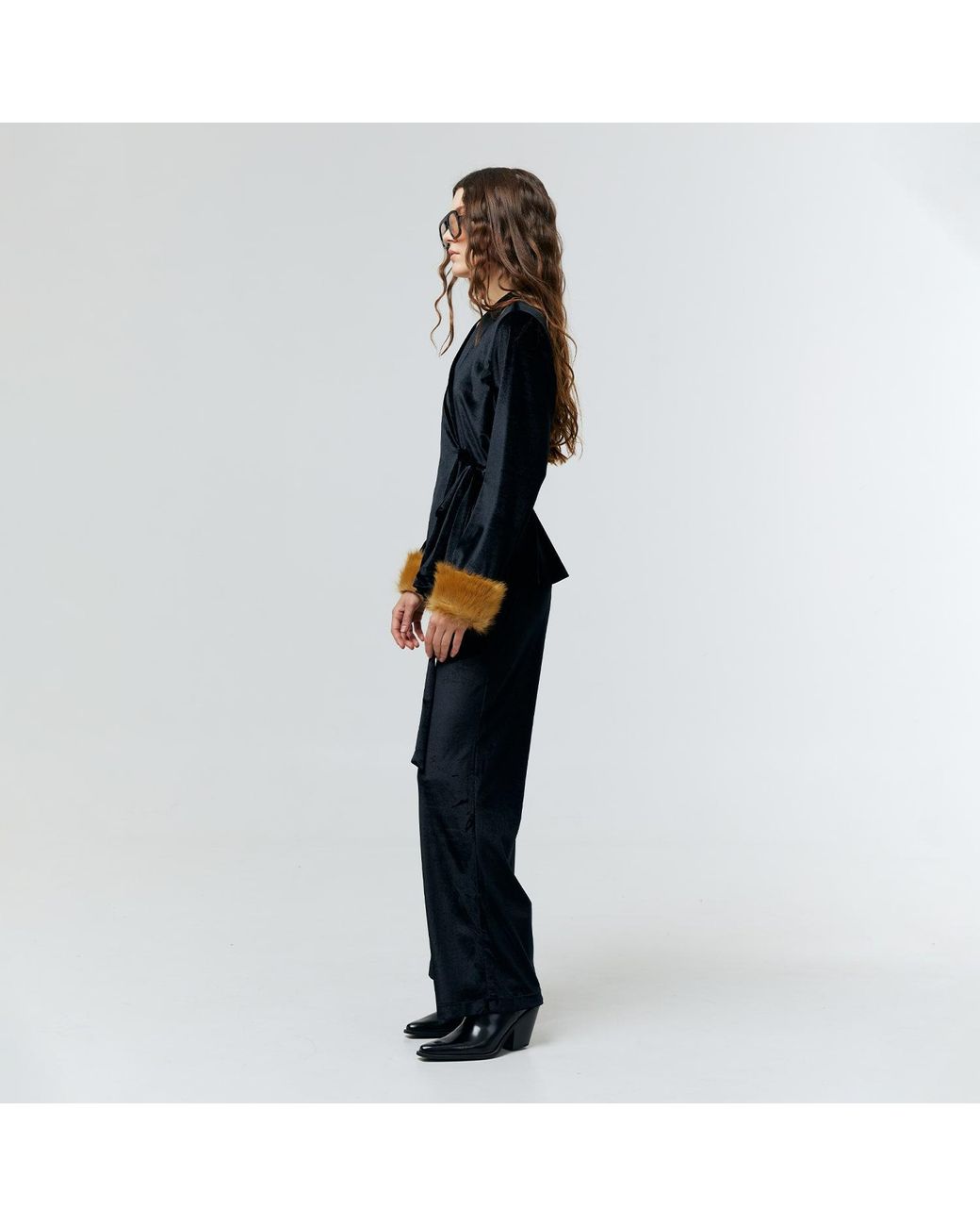 Ats the Label Black Aurielle Velvet Fur Cuff Top