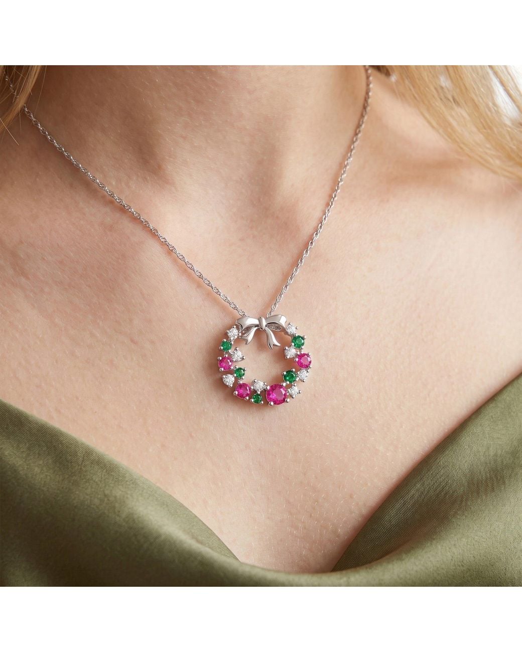 Genevive Jewelry Pink Plated With Colored Cubic Zirconia Wreath Shaped Christmas Pendant Necklace