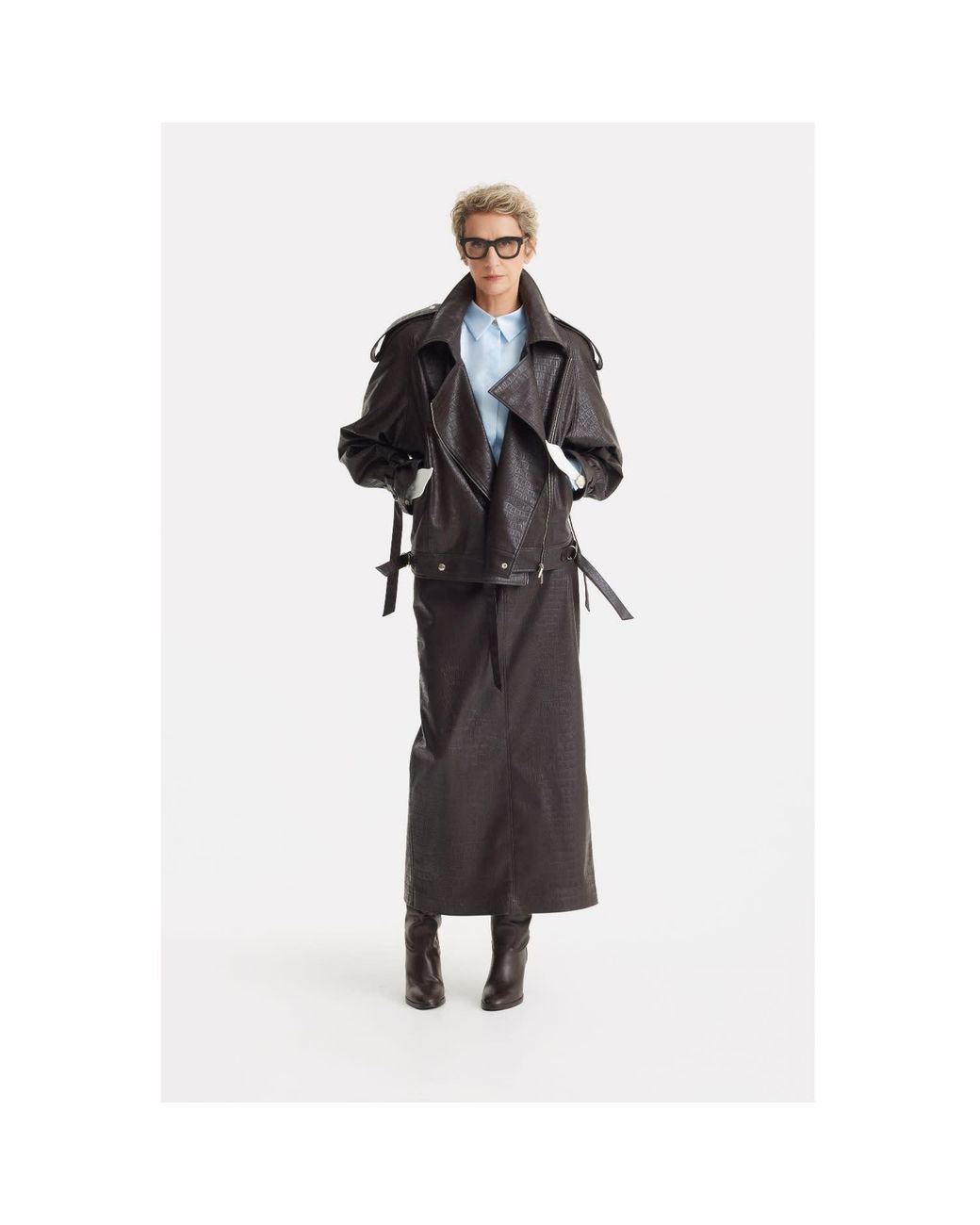 Julia Allert Black Croc-Effect Faux Leather Oversized Jacket – Dark