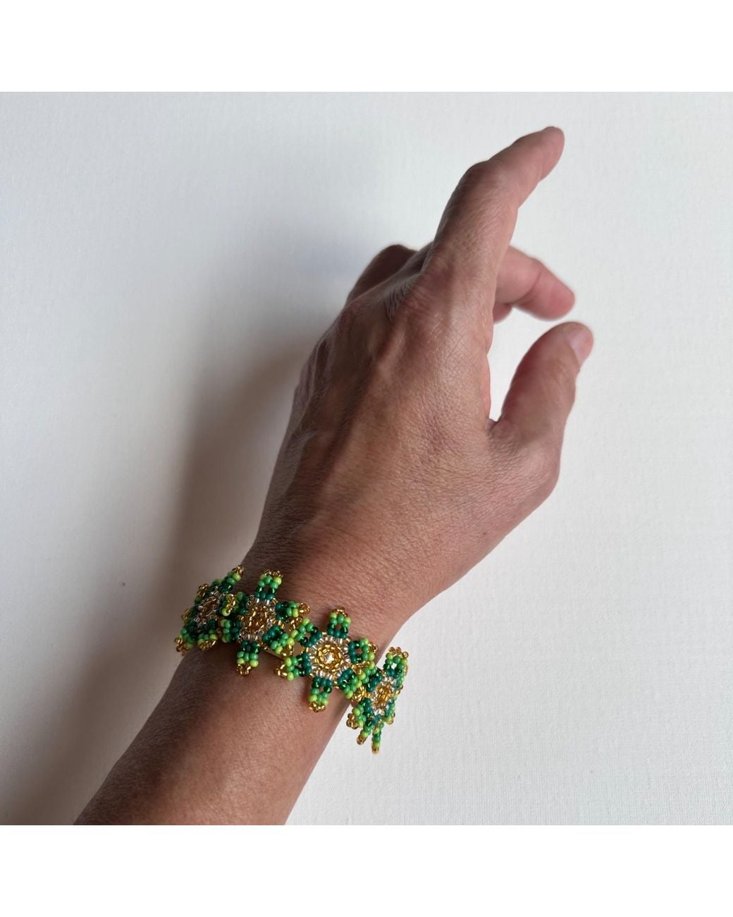 Iliana Arrazola Green Waterfall Blossom Cuff Bracelet, Glass Beads, Beaded Jewelry