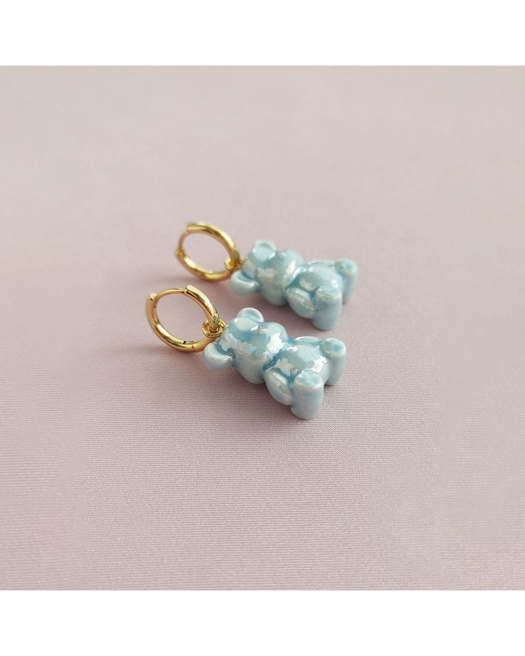 POPORCELAIN Blue Baby Porcelain Teddy Bear Clip On Earrings