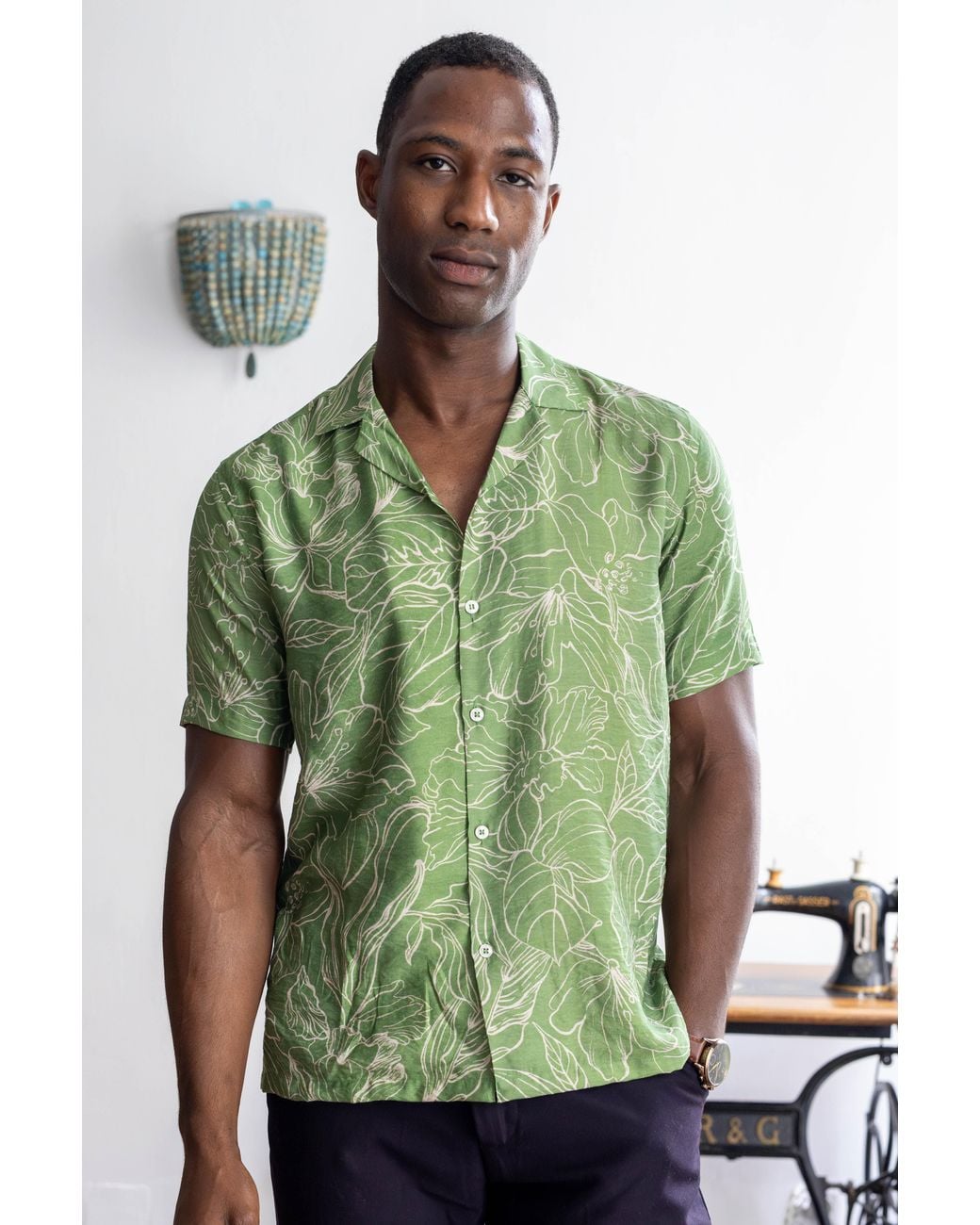 Stovaria Green Pure Cotton Linen Shirt – Glossy Floral for men