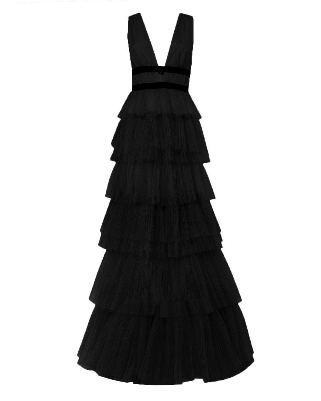 True Decadence Black Tulle Tiered Plunge Front Layered Maxi
