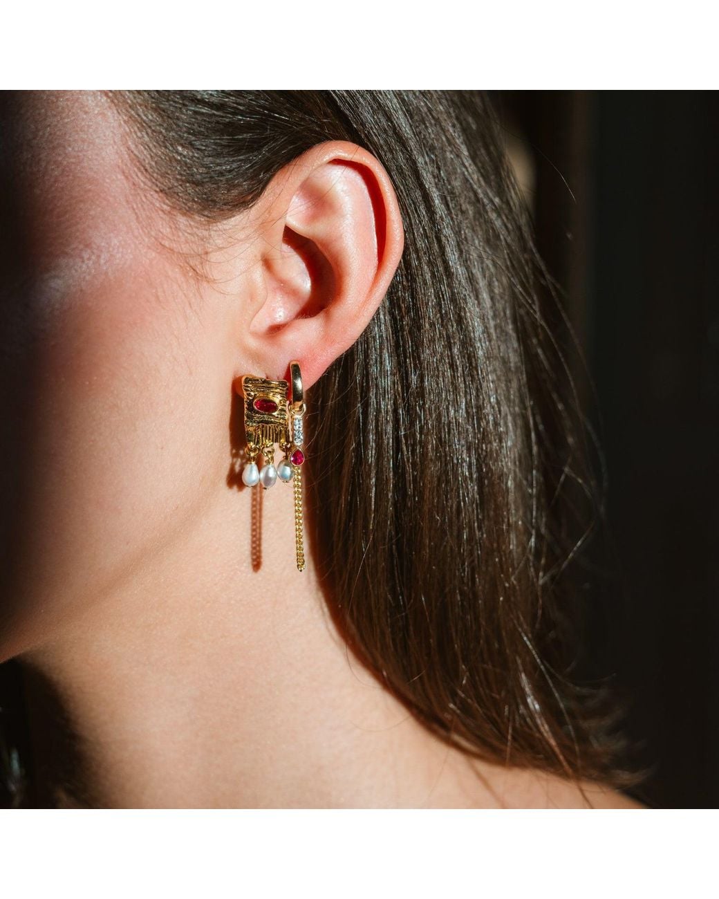Ebru Jewelry Metallic Cleopatra Ruby & Pearl Statement Earrings