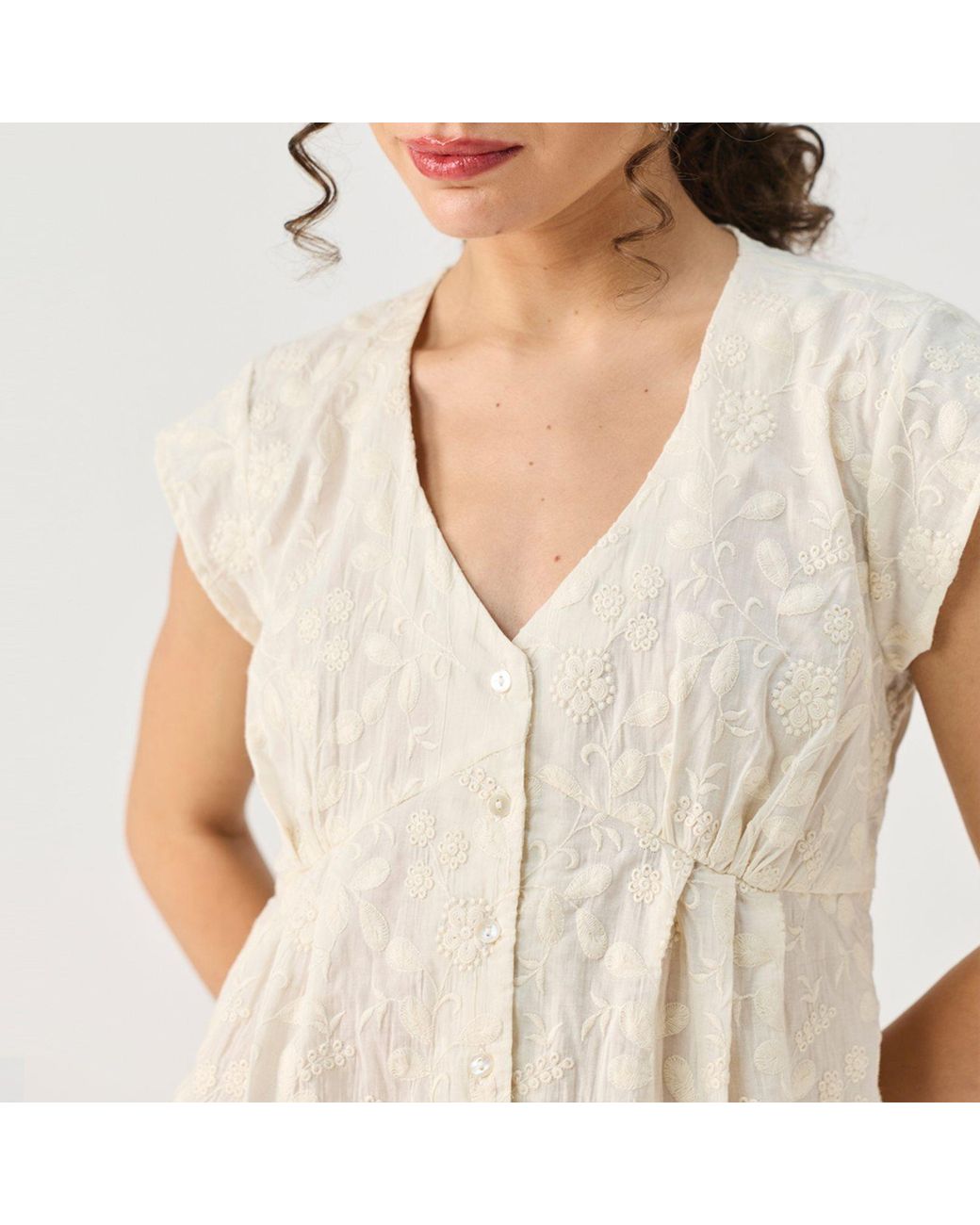 REISTOR Natural Embroidered Deep V Neck Top