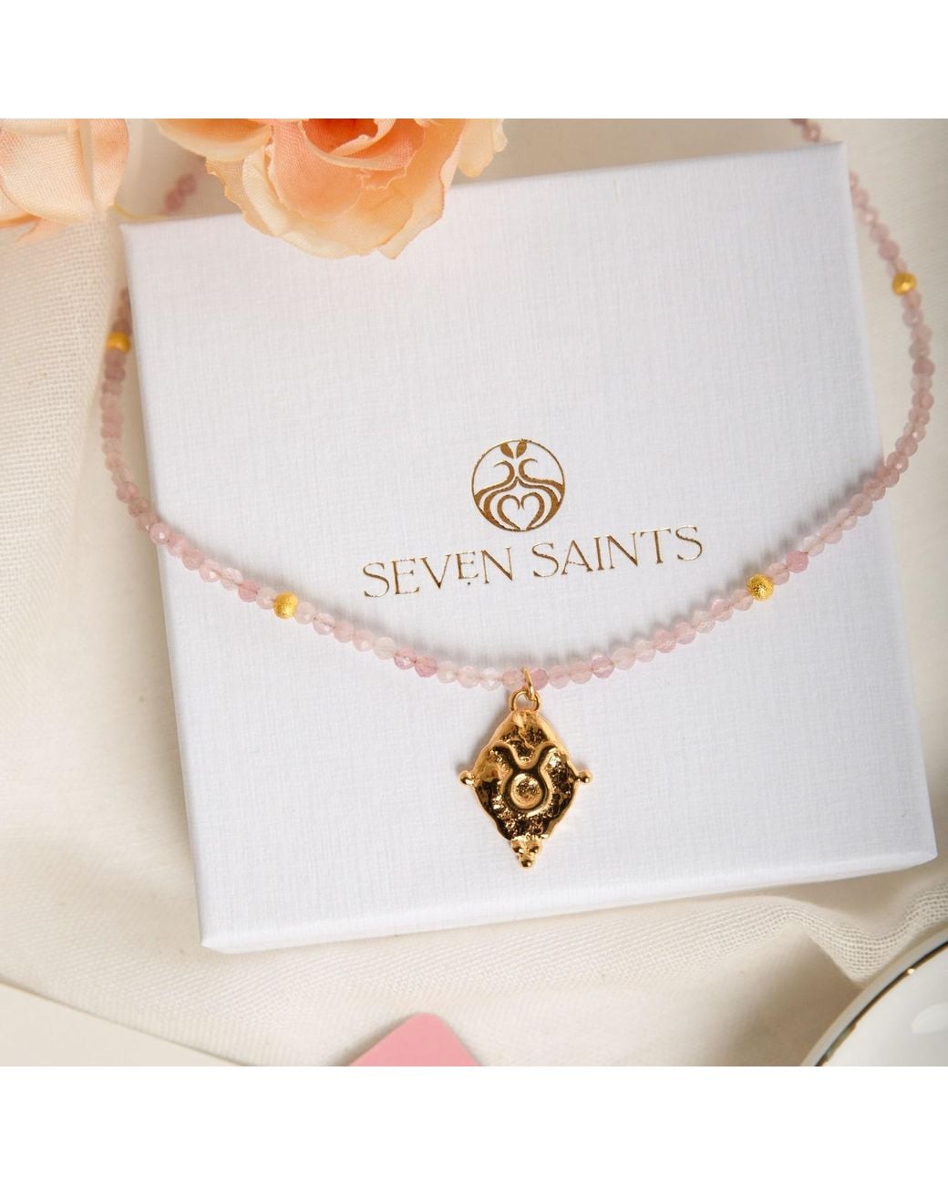 Seven Saints Metallic Taurus Gemstone Choker Necklace, Rose Quartz, Rhodium Plated