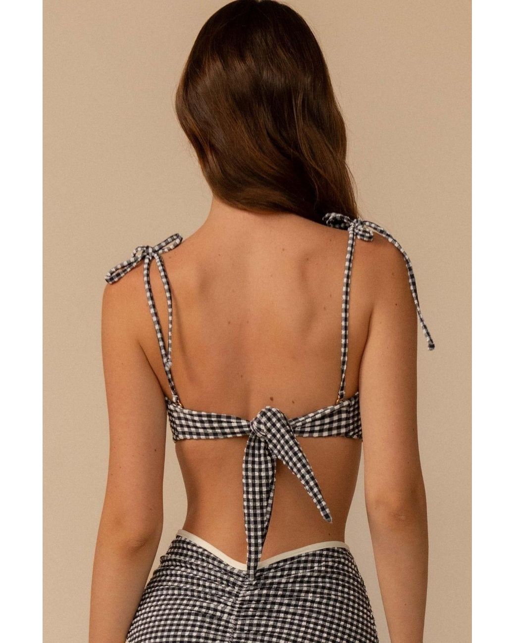 Montce Black Micro Gingham Tori Ties Bandeau Bikini Top