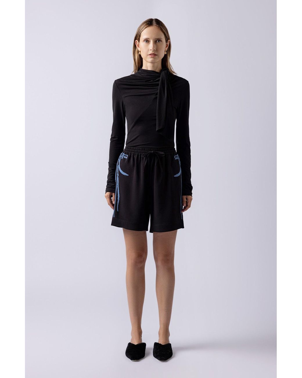 Lendrop Studios Black Leiko Crepe Long Embroidered Shorts