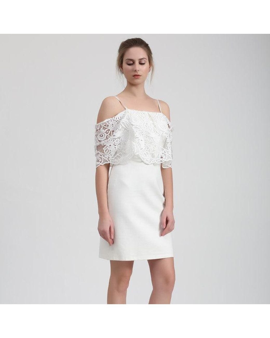 Smart and Joy White Bardot Lace Trim Off-Shoulder Mini Dress