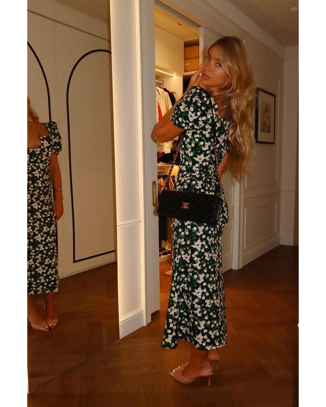 POST MERIDIEM Green Flowers Godet Silhouette Square Neck Midi Dress