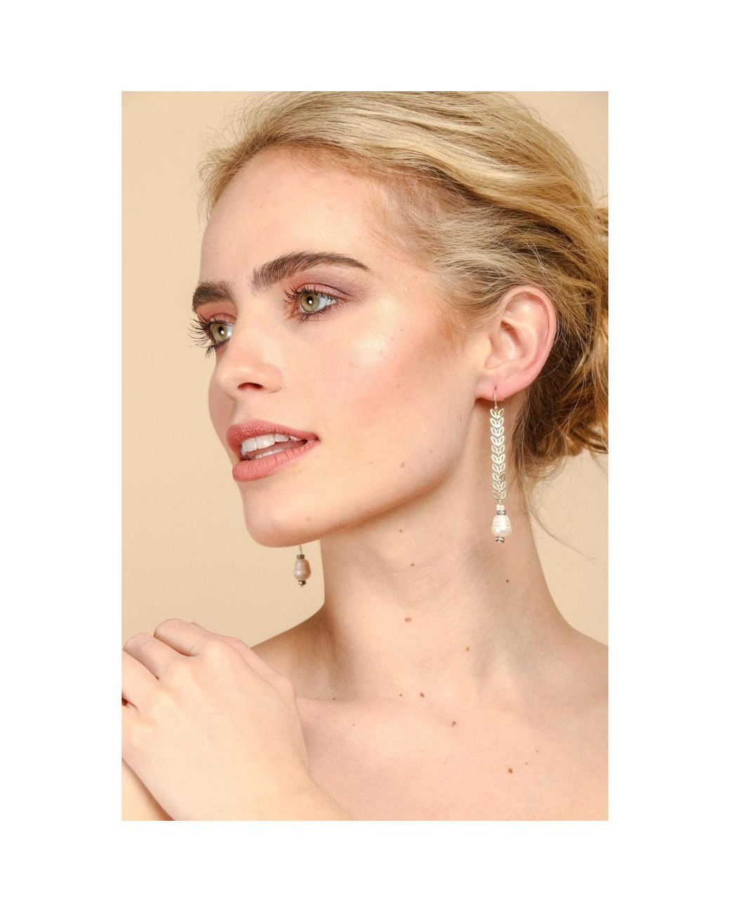 Saachi White Pearl Drop Botanical Chain Earrings