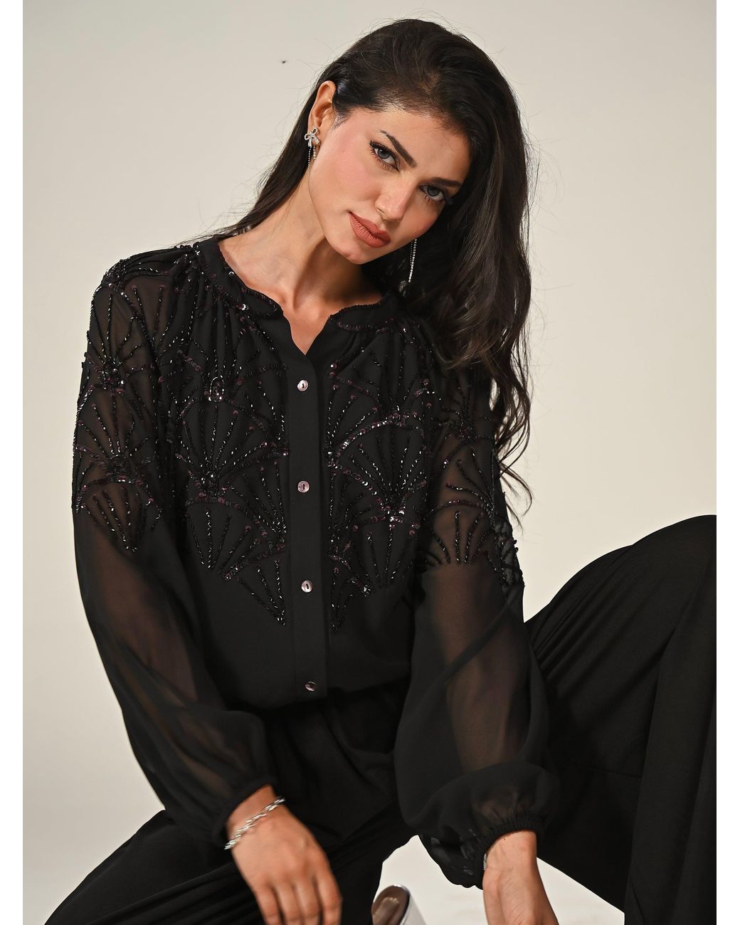 Rose & Nancy Black Gemma Hand Embellished Blouse