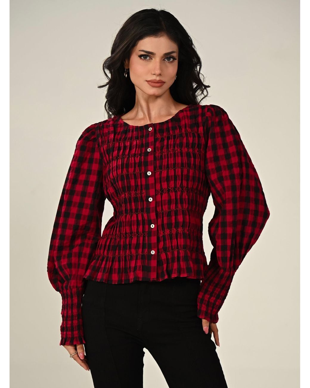 Rose & Nancy Red Mary Cotton Check Smocked Shirt