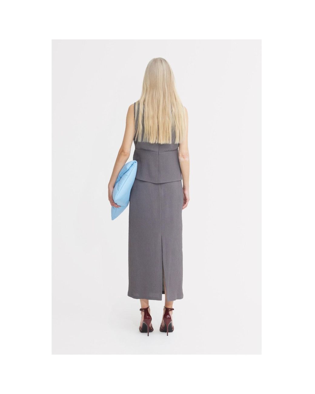 Julia Allert Gray Summer Crinkled Sleeveless Top & Long Skirt Two-Piece Set –