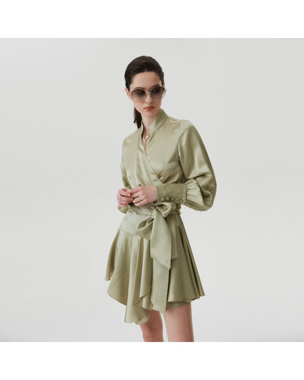 Lita Couture Natural Ruffle Hem Silk Wrap Dress