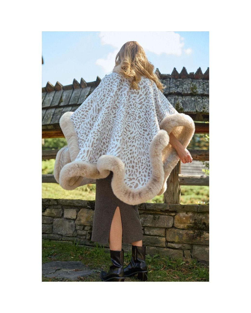 Saachi Natural Animal Print Faux Fur Cape