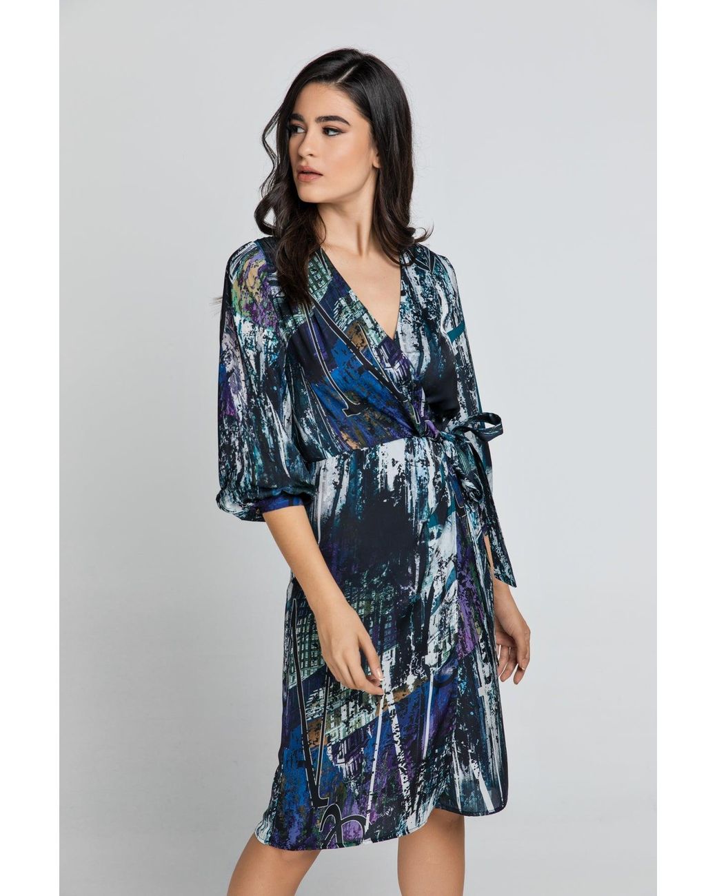 Conquista Blue Print Wrap Dress