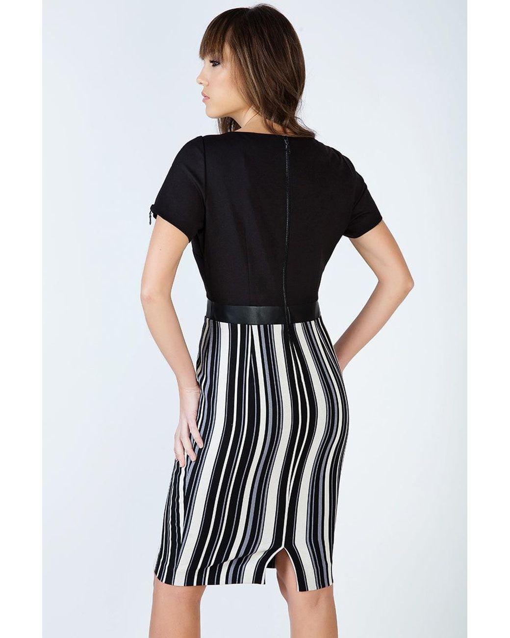 Conquista Black Stripe Detail Straight Dress With Zip & Pleather Detail