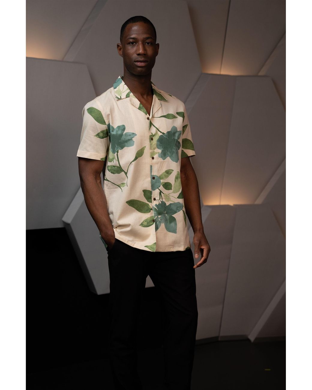 Stovaria Green Camp Collar Half Sleeve Pure Cotton Shirt With Abstract Print for men
