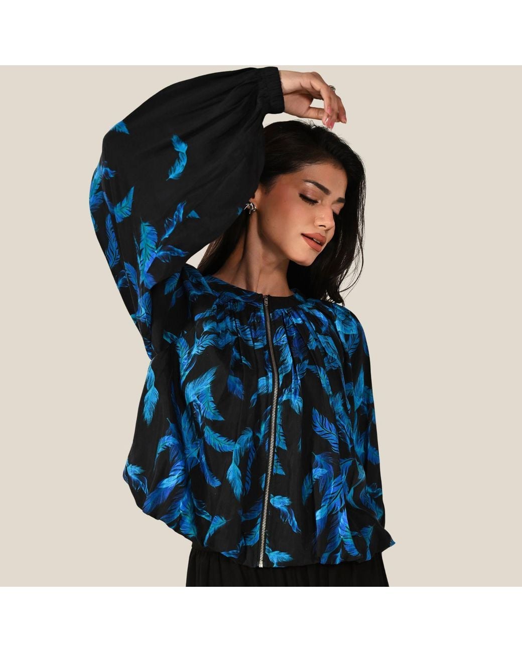 Rose & Nancy Blue Lille Feather Print Zip Front Light Bomber Jacket