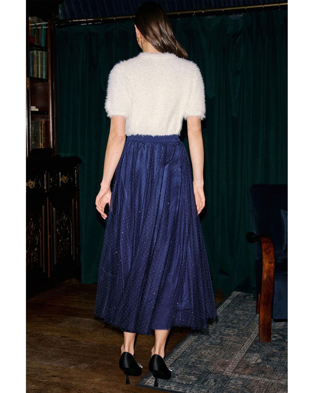 Yumi' Blue Diamonte Tulle Midi Skirt